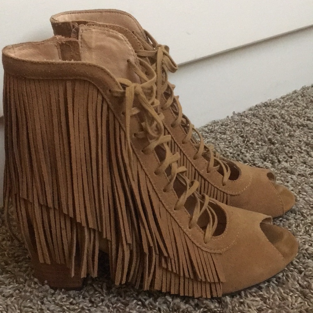 Fringe open toe lace up booties